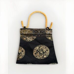 RARE Vintage Citron Santa Monica Bamboo Handle Silk Embroidered Dragon Purse